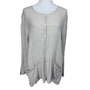 Pure Jill 100% Linen Crepe Button Up Long Sleeve Tunic Cardigan Beige Sz XL